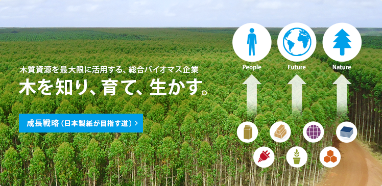 木質資源を最大限に活用する、総合バイオマス企業　木を知り、育て、生かす。　成長戦略（日本製紙が目指す道）