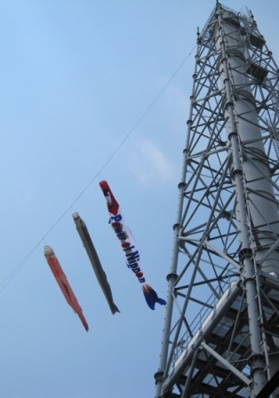 A specially-made 15-meter long carp streamer together with a black carp and a red carp hanging at the Ishinomaki Mill
