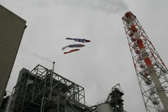 Carp streamers hoisted at the Iwanuma Mill