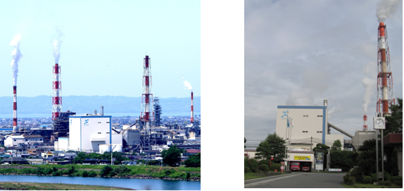 The Coal Boiler (the white building near the center) at the Yatsushiro Mill of Nippon Paper Industries, Co., Ltd.