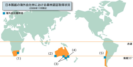 日本製紙の海外自社林における森林認証取得状況（2006年11月現在）