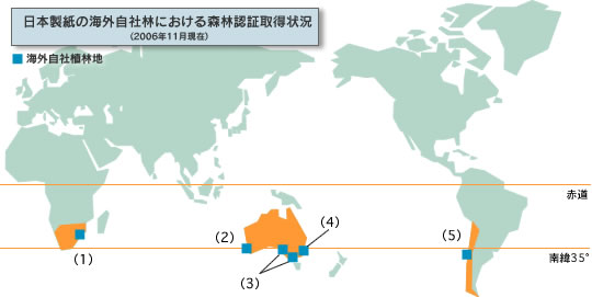 日本製紙の海外自社林における森林認証取得状況(2006年11月現在)