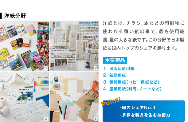 洋紙分野：洋紙とは、チラシ、本などの印刷物に使われる薄い紙の事で、最も使用範囲、量の大きな紙です。この分野で日本製紙は国内トップシェアを誇ります。