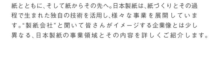 紙とともに、そして紙からその先へ。日本製紙は、紙づくりとその過程で生まれた独自の技術を活用し、様々な事業を展開しています。“製紙会社”と聞いて皆さんがイメージする企業像とは少し異なる、日本製紙の事業領域とその内容を詳しくご紹介します。